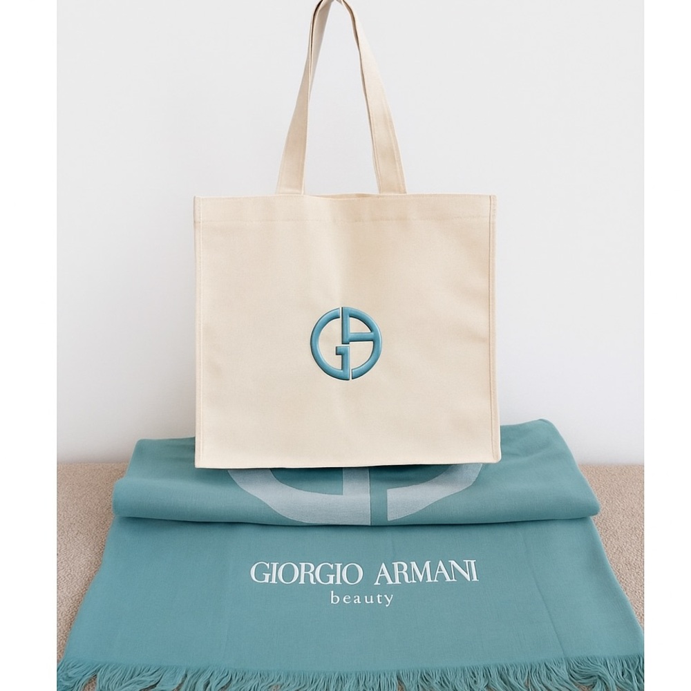 Giorgio Armani Beauty Tote Bag + Turquoise towel  Set | GA Logo Canvas Shopper